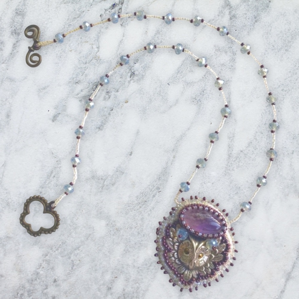 Amethyst Owl Bead Embroidered Crystal Necklace - Picture 2 of 13